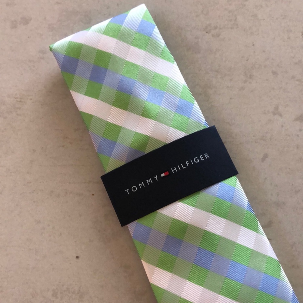 Blue, green and white men’s silk blend tie
